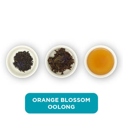 Orange Blossom Oolong loose leaf tea – three cups showing the plain leaf, the unfurled leaf with the water added and then the final brew of tea.