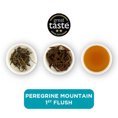 Peregrine Mountain 1st Flush loose leaf tea – three cups showing the plain leaf, the unfurled leaf with the water added and then the final brew of tea.
