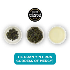 Tie Guan Yin loose leaf tea – three cups showing the plain leaf, the unfurled leaf with the water added and then the final brew of tea.