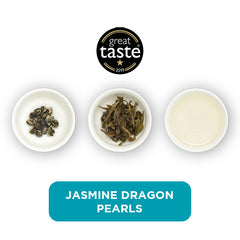 A product image featuring Jasmine Dragon Pearls. It shows three cups in a row; the first has the pearls in, the second shows them with water added and unfolded, the third is the brewed tea.