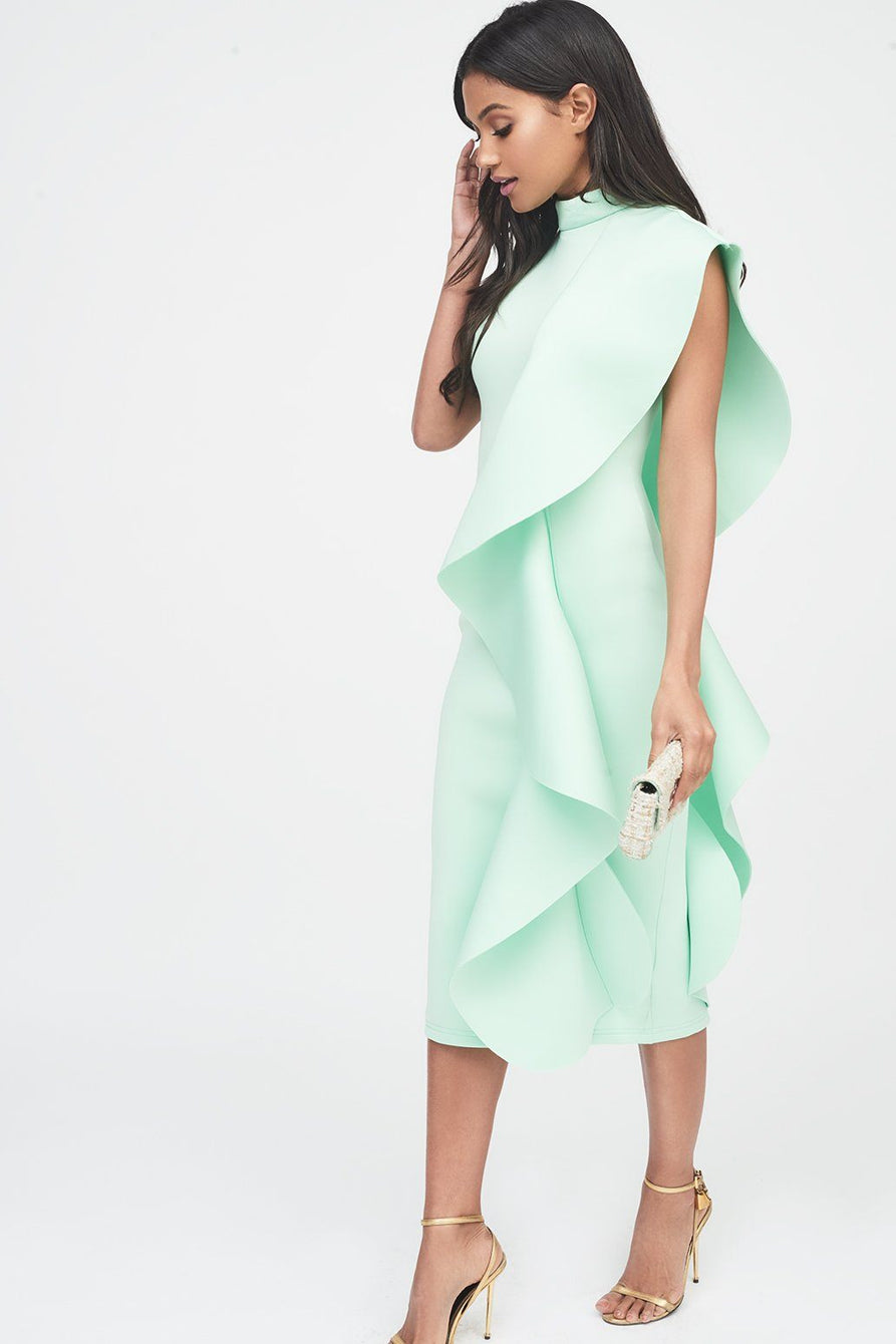 lavish alice asymmetric draped frill midi dress in scuba