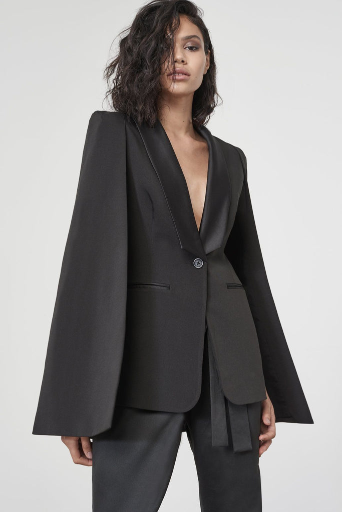 Black Satin Lapel Tuxedo Style Cape Blazer – Lavish Alice