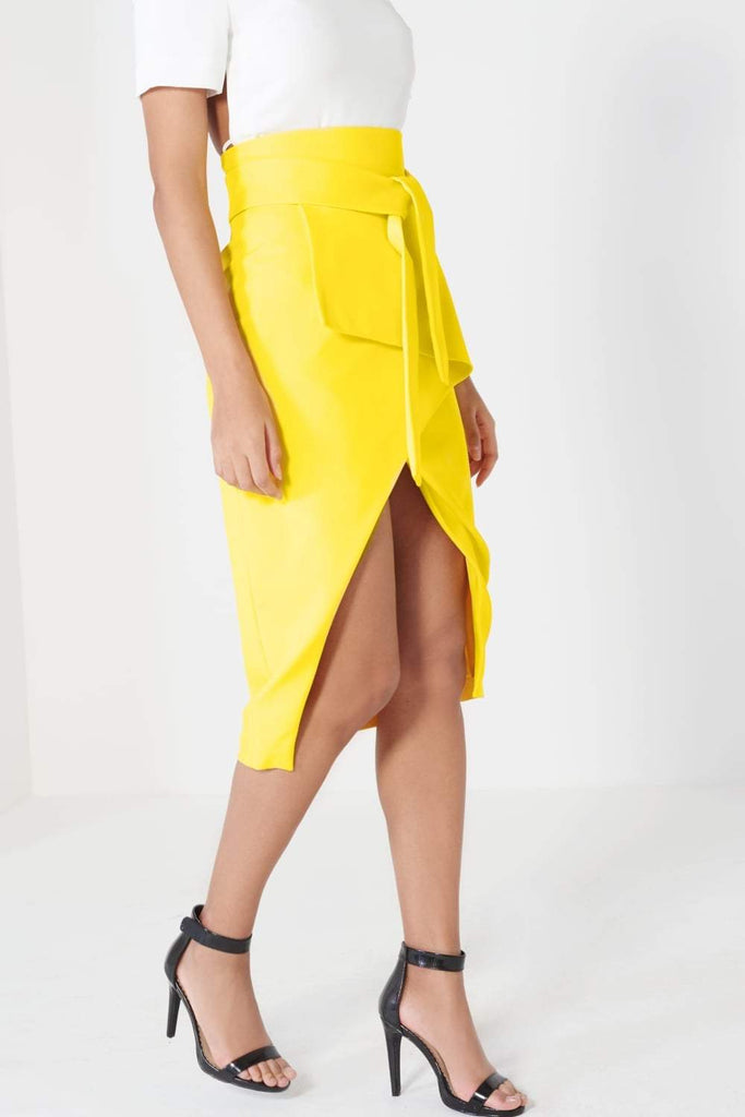 Canary Yellow Tie Front Asymmetric Wrap Midi Skirt – Lavish Alice