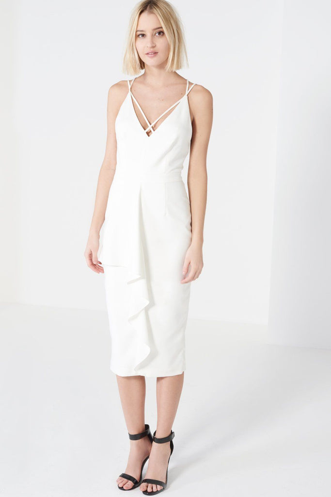 White Deep Plunge Strap & Frill Detail Midi Dress – Lavish Alice