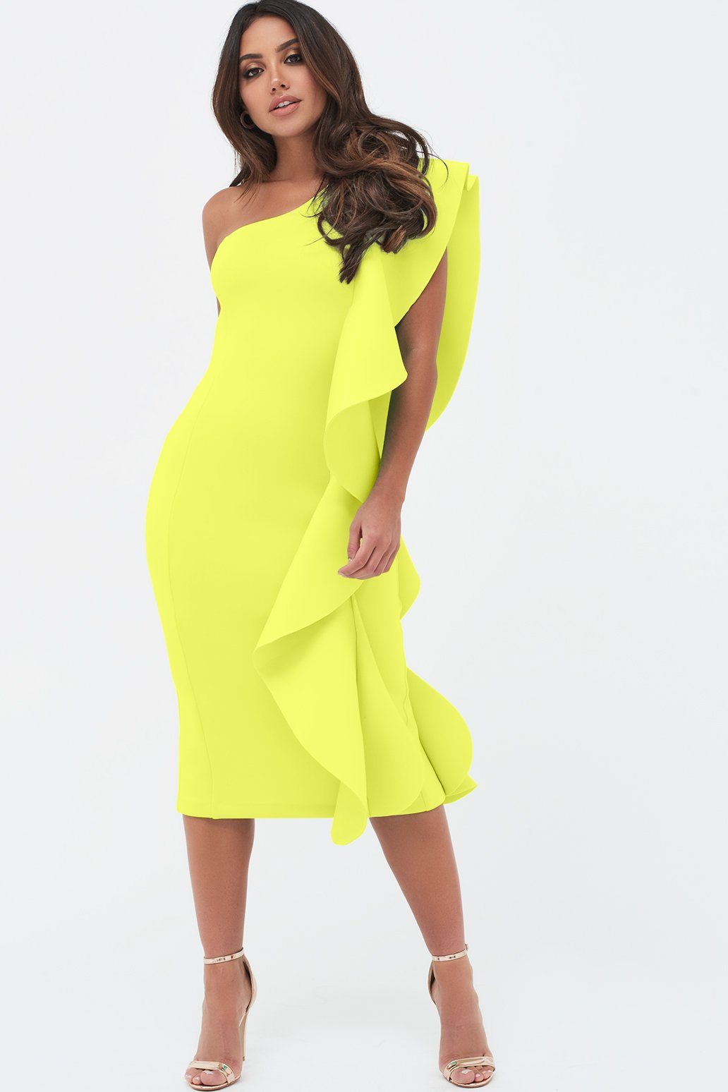 lavish alice one shoulder scuba exaggerated frill midi dress