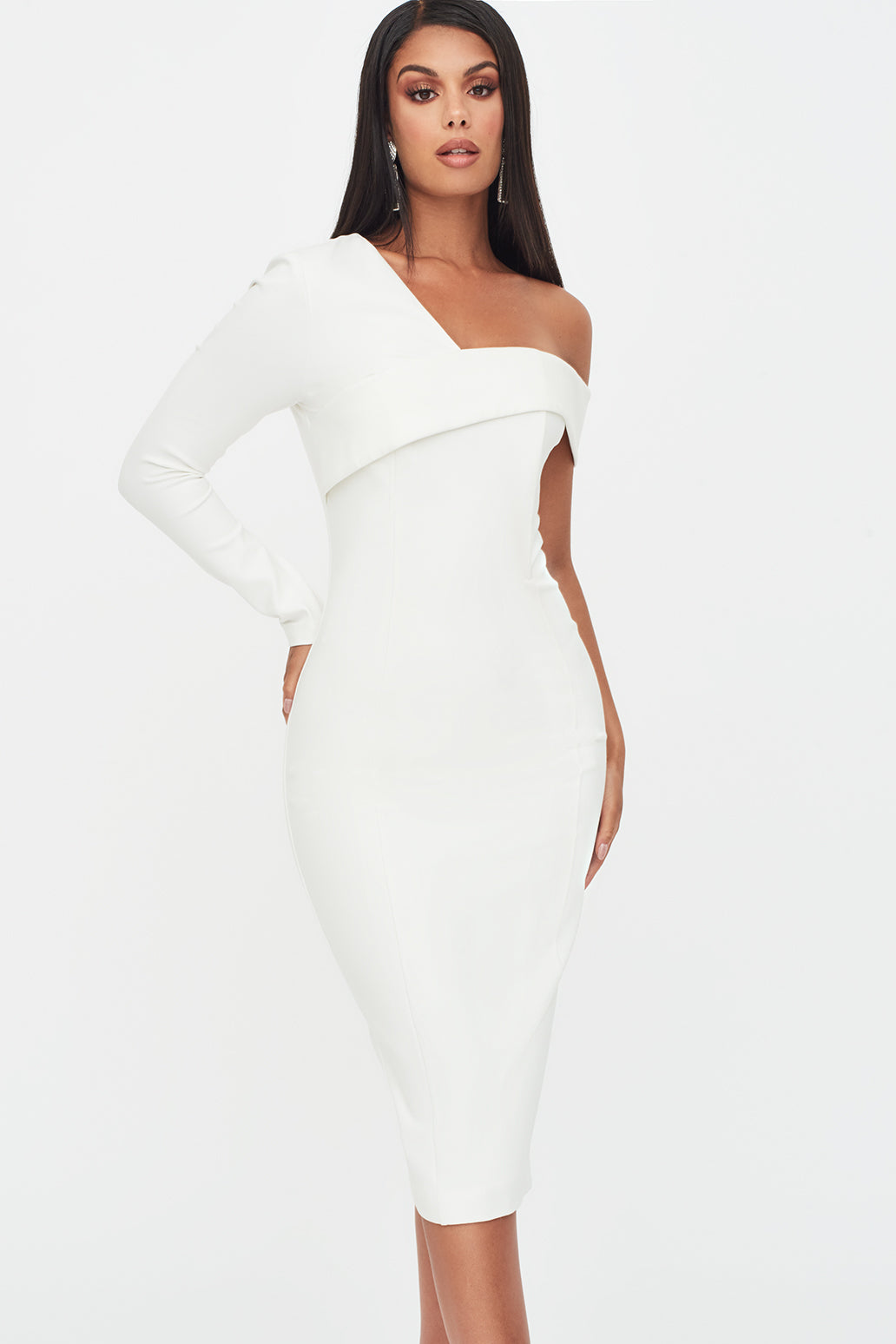 white bardot midi dress