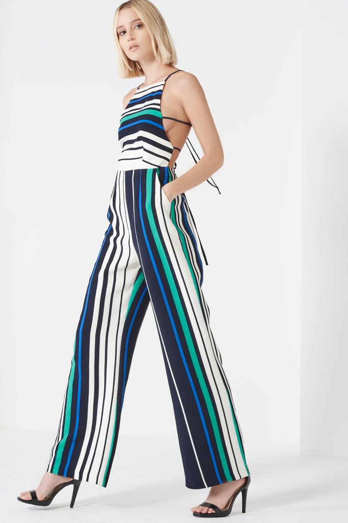 Navy, White & Jade Green Stripe Print Open Tie Back Jumpsuit – Lavish Alice