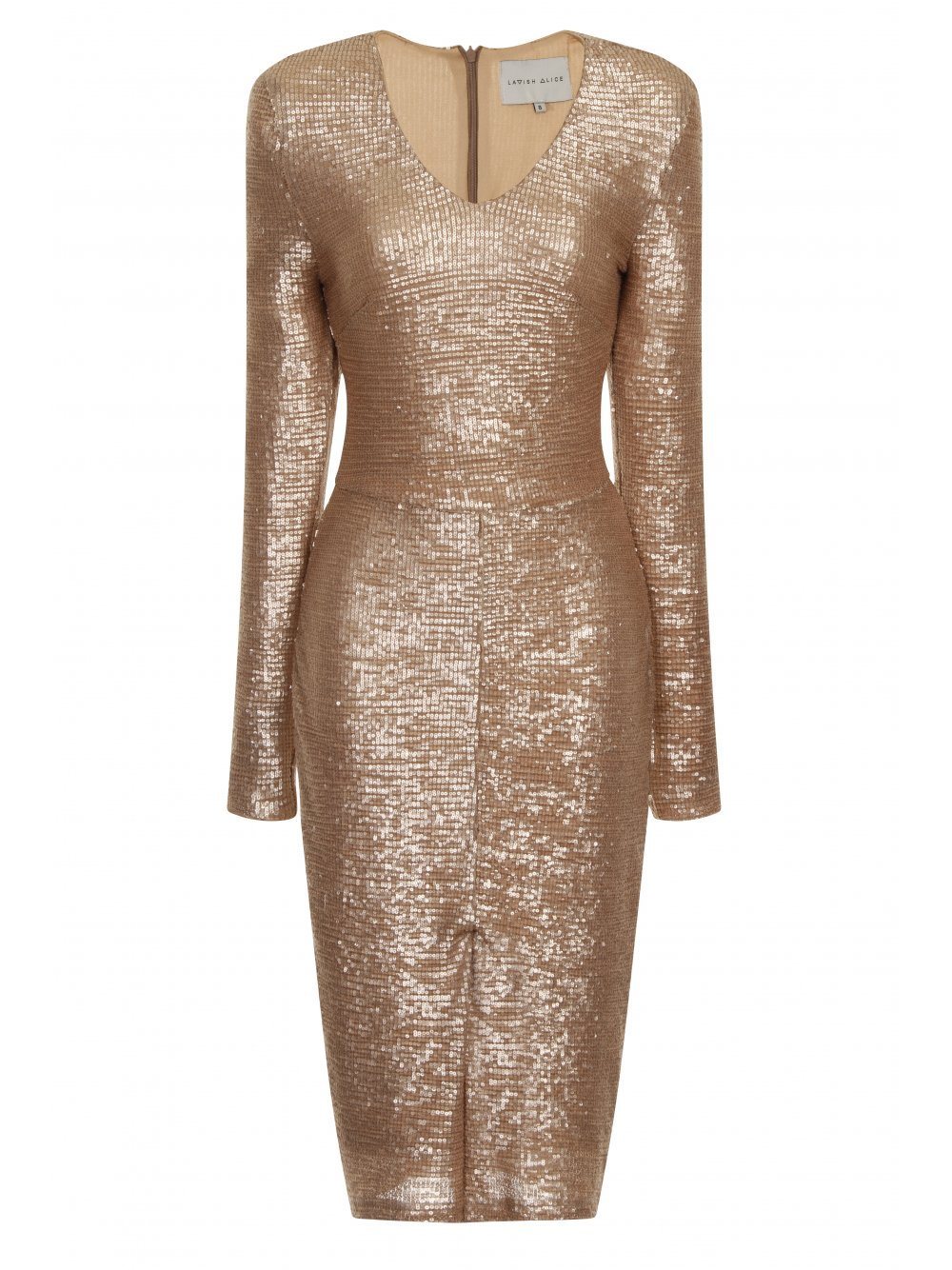 Rose Gold Sequin V-Neck Centre Split Long Sleeve Midi Dress – Lavish Alice