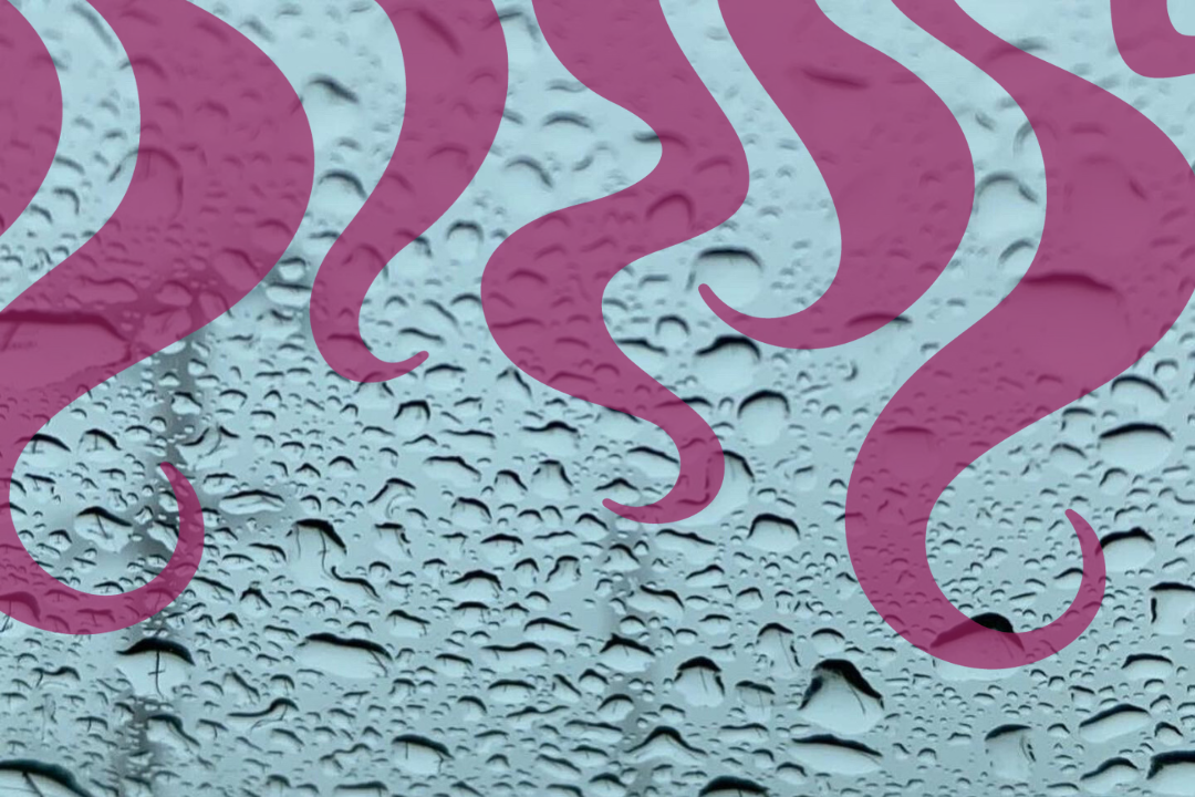 dew drops on glass with stylized curly hair superimposed against the glass