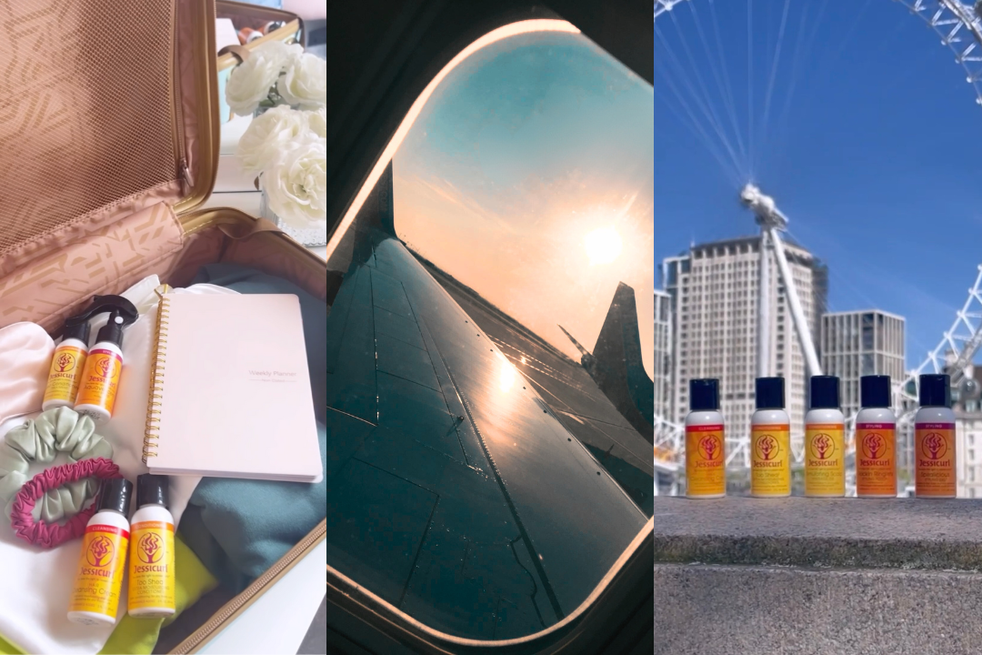 three images collaged together of product bottles in a suitcase, airplane windows, and product on a ledge with architecture in the background