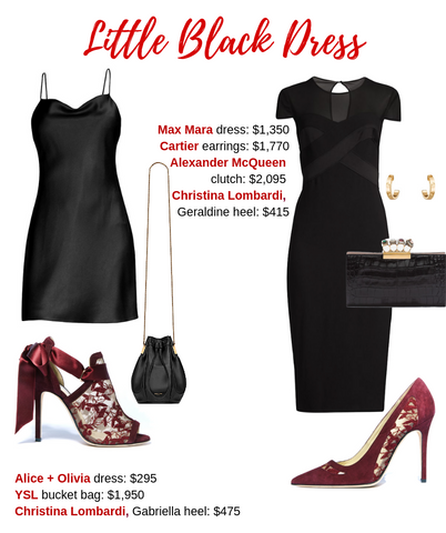 Little black dress Valentine's Day Outfit Guide: black slip dress, bacco full lace embroidery heel, black tea length dress,  bacco suede heel with lace embroidery accents