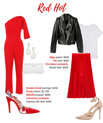 Red Hot Valentine's Day Outfit Guide, red jumpsuit, red pump, black leather jacket, white tee, red skirt, nude pump