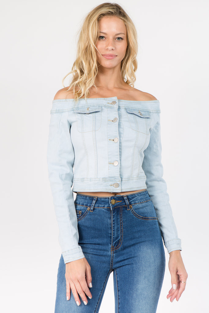 off the shoulder blue jean jacket