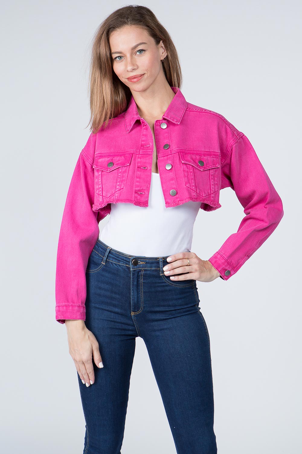 hot pink cropped denim jacket