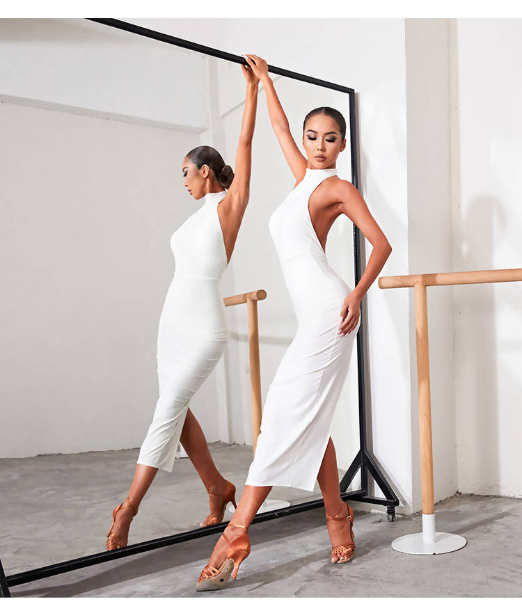 New Long White/Black Latin Dancewear Dress (dancewear, dance practice wear) 2229