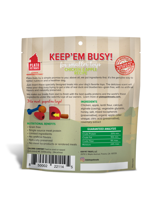 Plato Keep 'Em Busy Dog Treat for Small Toys Chicken and Apple 5oz-Four Muddy Paws