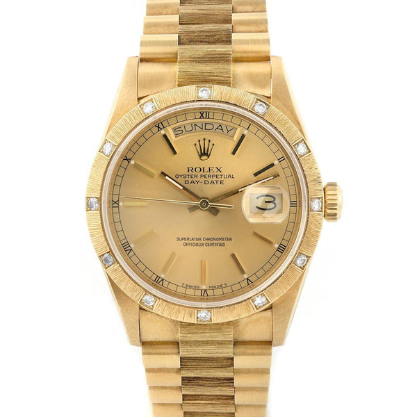 Rolex President Day-Date 18K Yellow Gold Bark Finish Diamond-Set Bezel