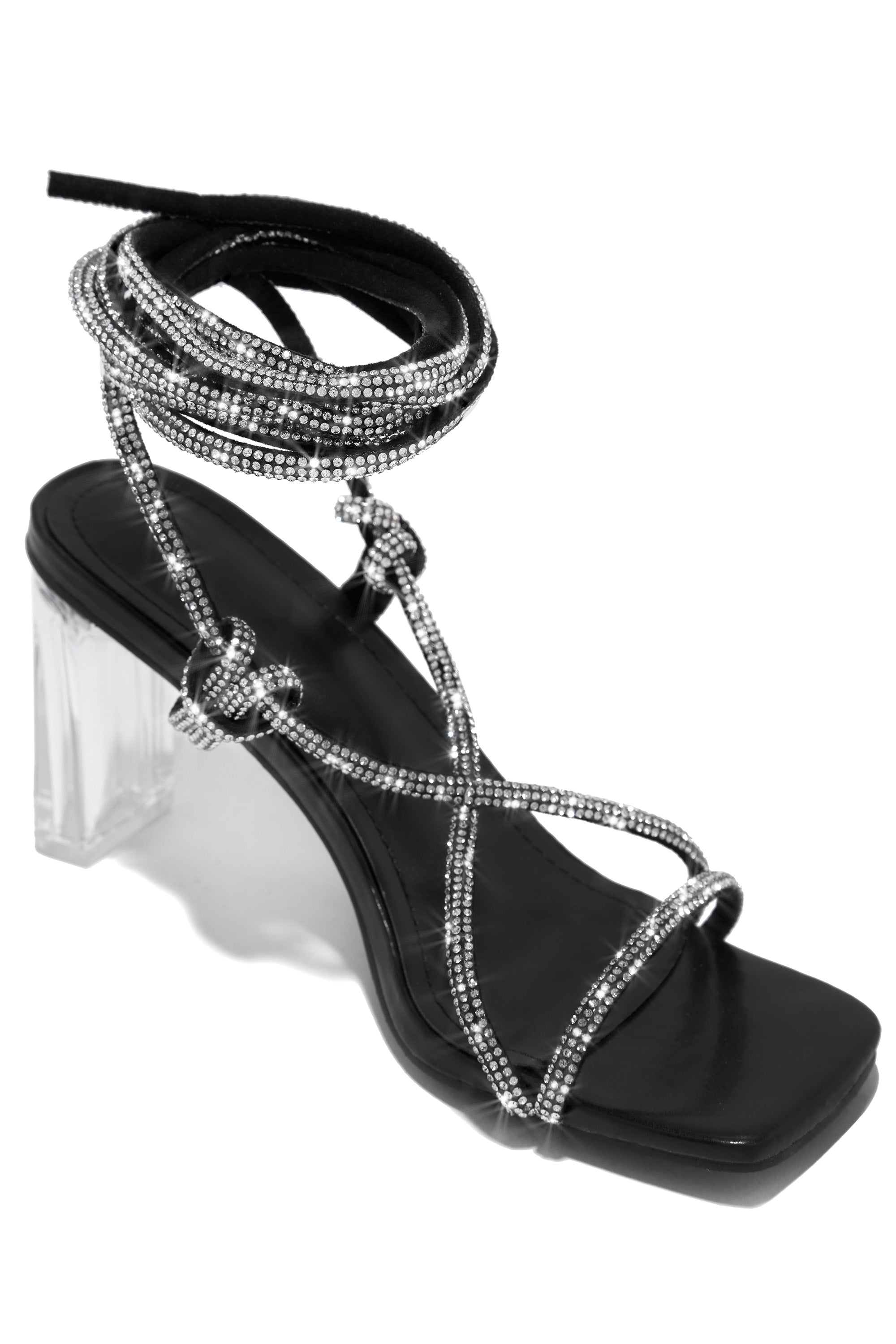 Elisa Lace Up Embellished High Heels - Black