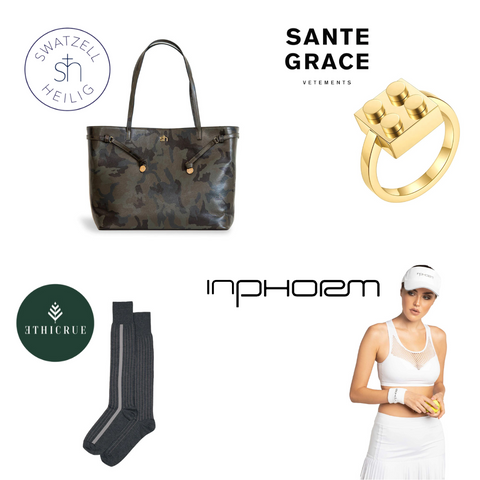 Gift guide - gold ring, camo tote bag, luxury dress socks, sheer seamless sports bra