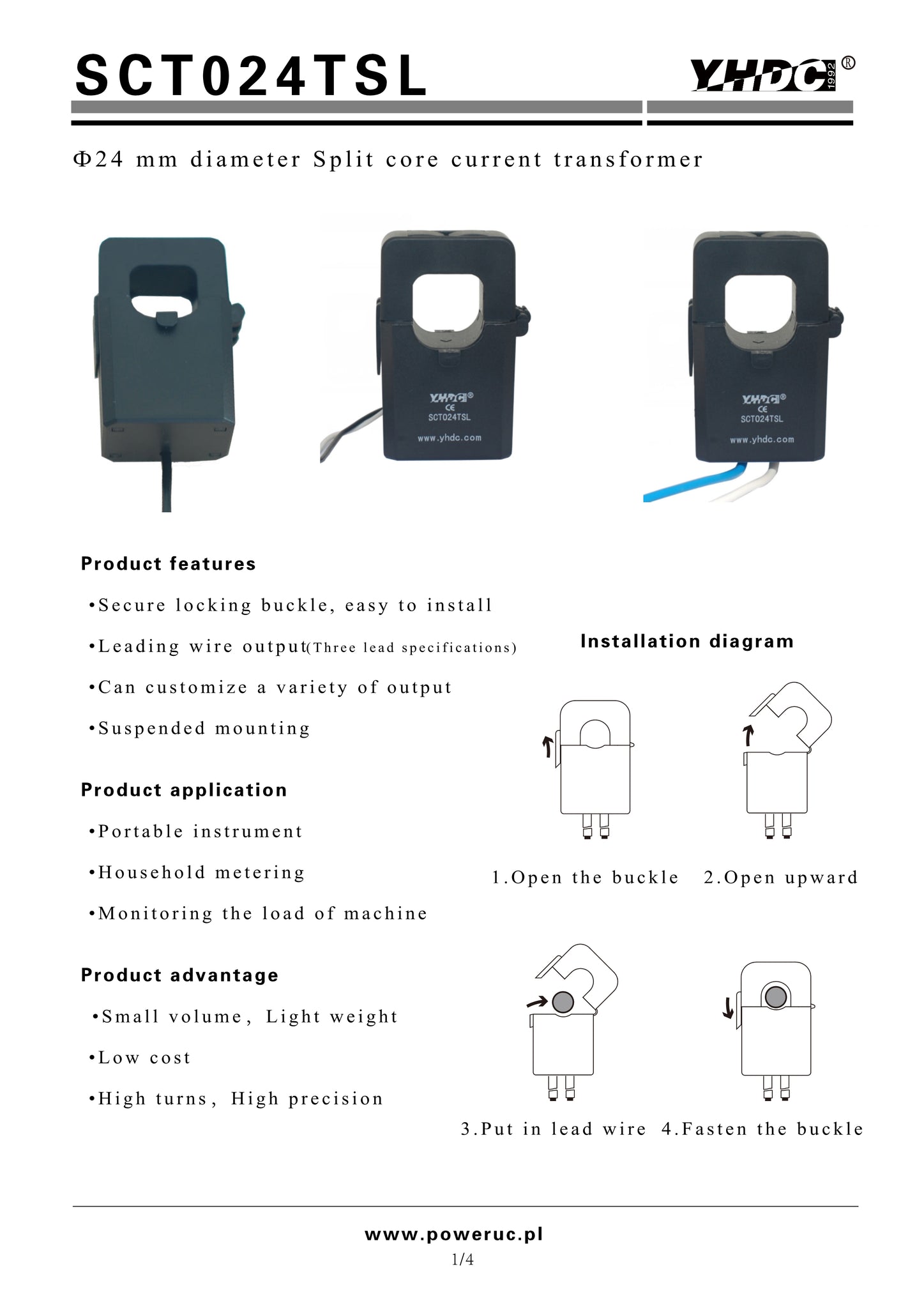 Split core current sensor HSTS023R Rated input ±50A ±100A ±200A ±300A –  PowerUC