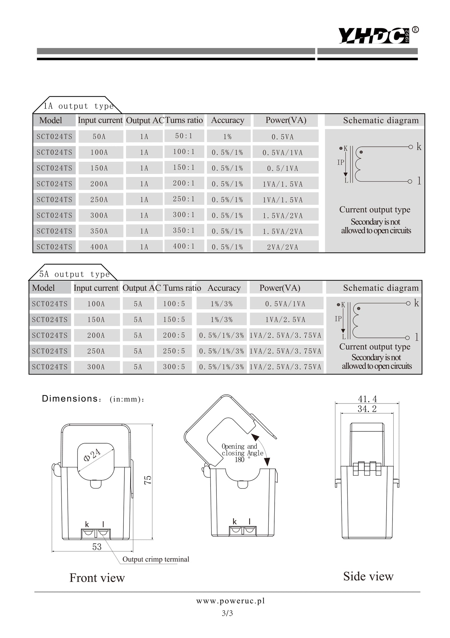 Split core current sensor HSTS023R Rated input ±50A ±100A ±200A ±300A –  PowerUC