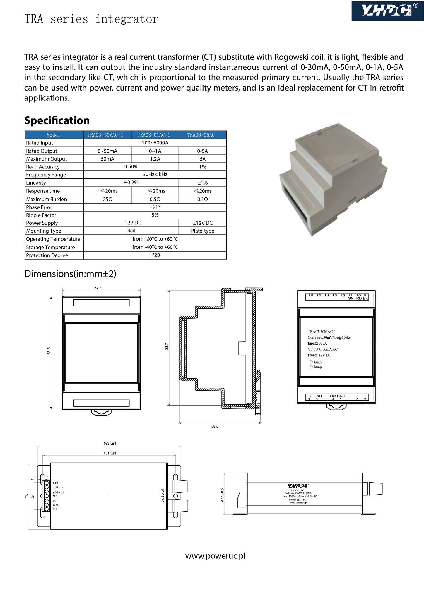 Rogowski coil Integrator TRA series integrator TRA03-50MAC-1 