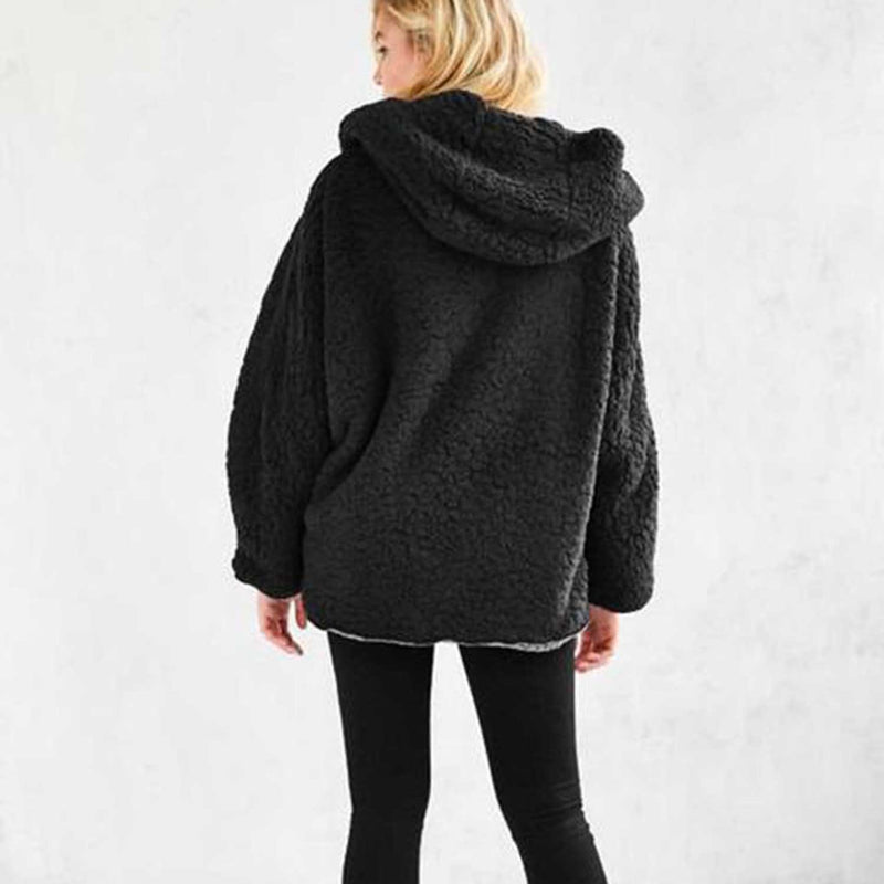 reversible fuzzy faux fur hooded coat