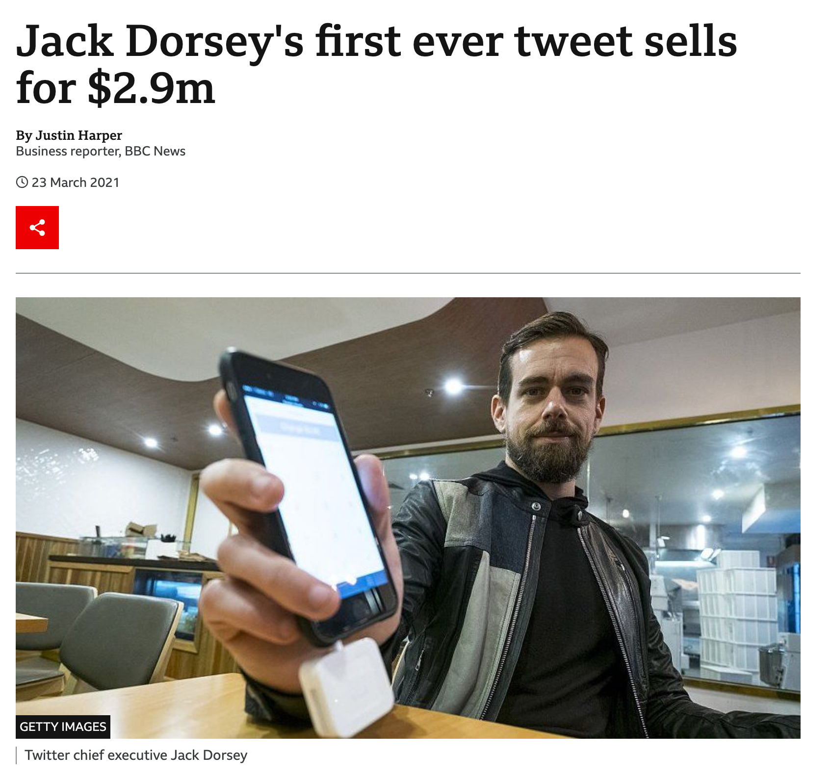 Jack Dorsey mostrando el primer tweet