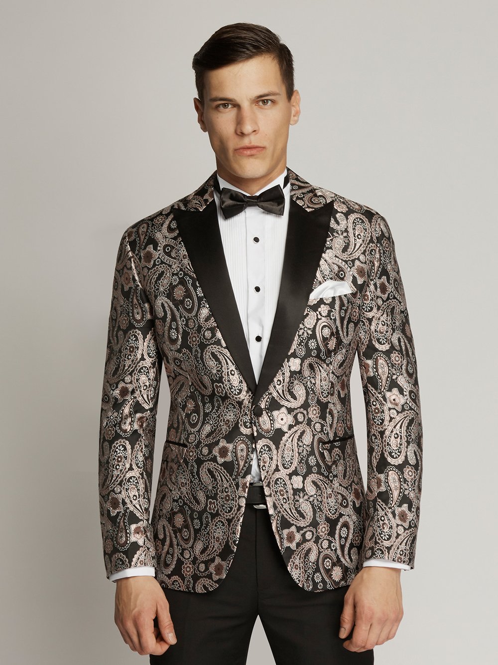 black paisley print tuxedo jacket