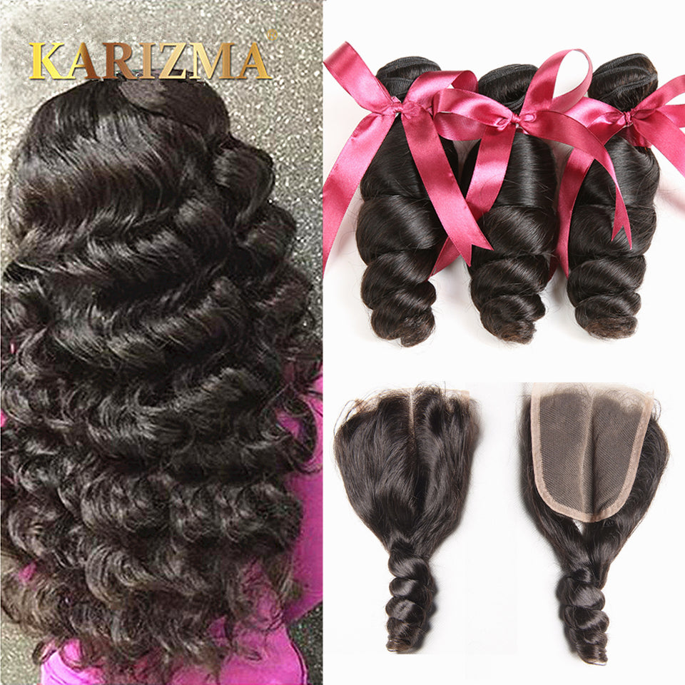 karizma brazilian hair weave bundles with closure middle part brazilian  loose wave 3 bundles with closure non remy human hair