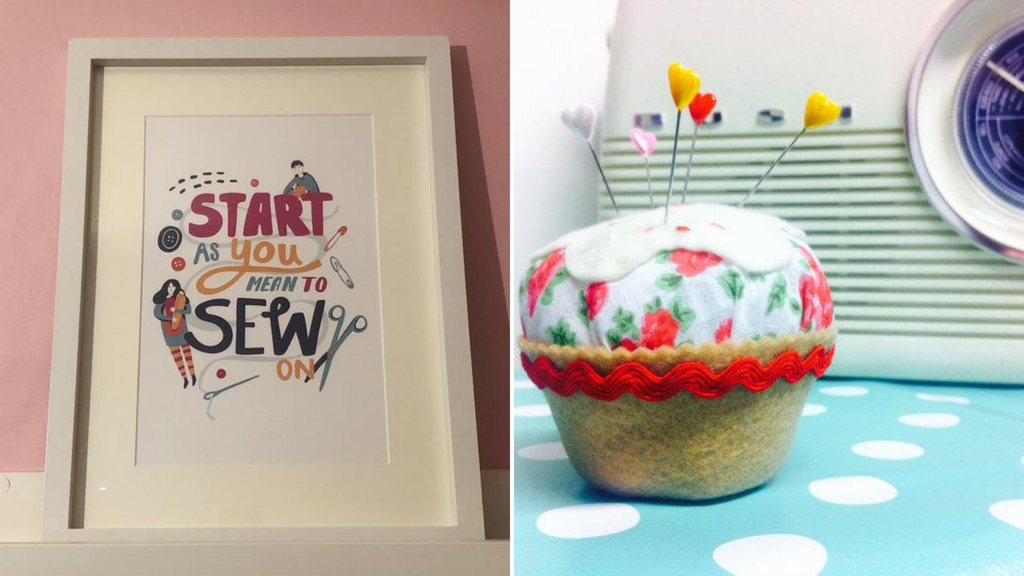 An art print saying "Start as You mean to Sew on" and a cupcake pincushion kit