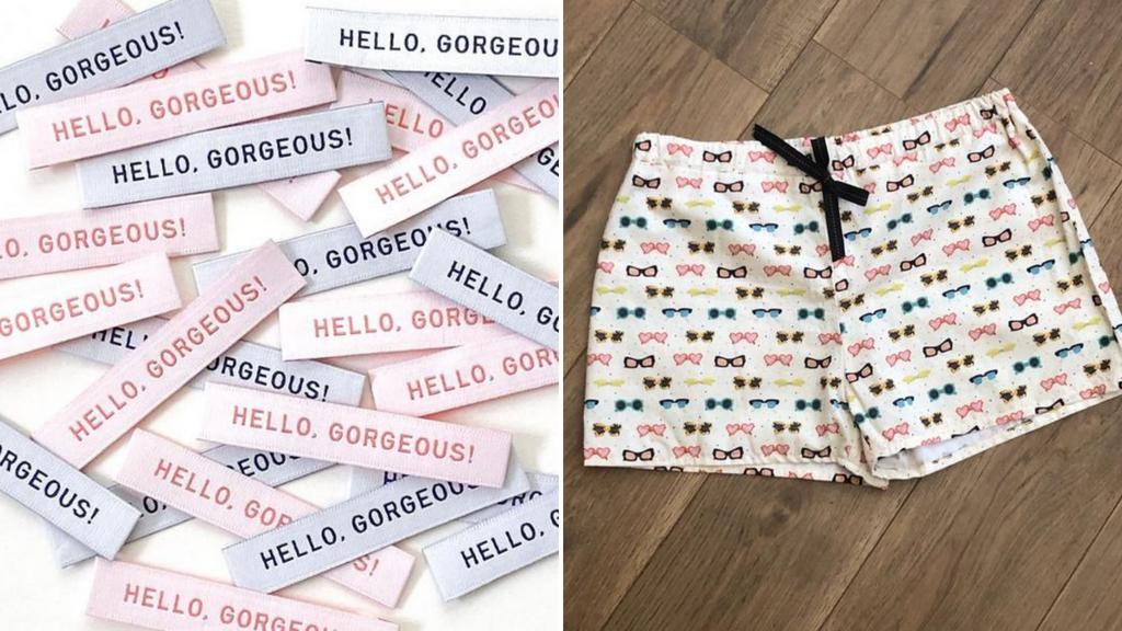 clothing labels saying Hello Gorgeous and PJ shorts sewing kit