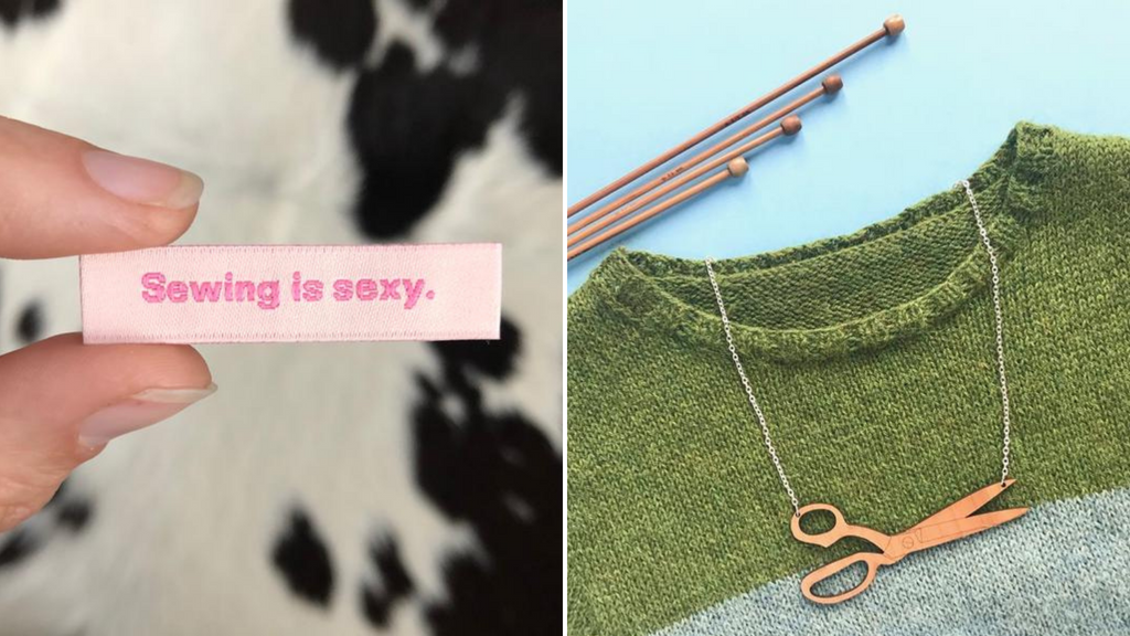 Sewing is sexy label and wooden scissors necklace