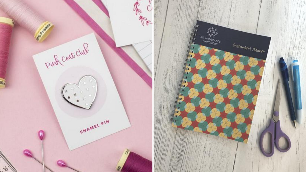 Enamel pin heart and dressmaking planner notebook