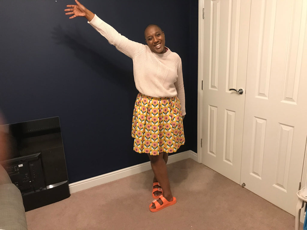 Crafty Blogger wearing a pleated skirt from the All The Cute Skirts dressmaking pattern