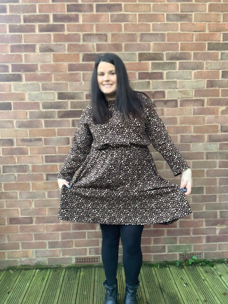 Crafty Bloggers' Club model wearing a Lotta Dress in animal print fabric from Crafty Sew&So.