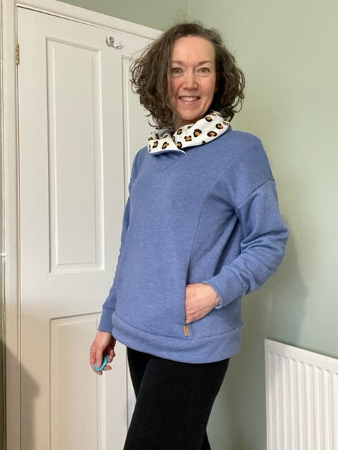 My Handmade Wardrobe Patterns Cosy Jersey Jumper with a Shawl Neck on model