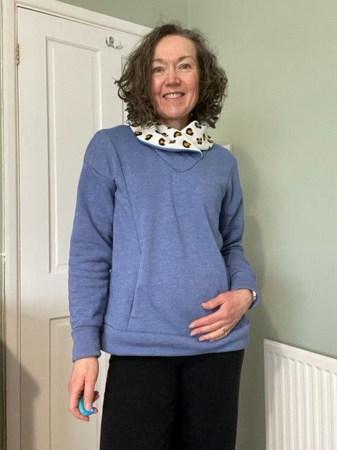 My Handmade Wardrobe Patterns Cosy Jersey Jumper with a Shawl Neck on model