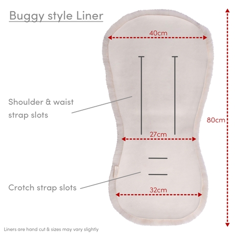 Buggy style sheepskin pram liner which is the best fit for city prams - this is an infographic which provides customers with dimensions to help with fitting