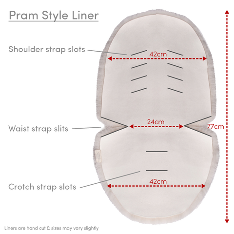 Sheepskin pram style liner with full dimensions and harness openings to help customers decide if this will fit their pram