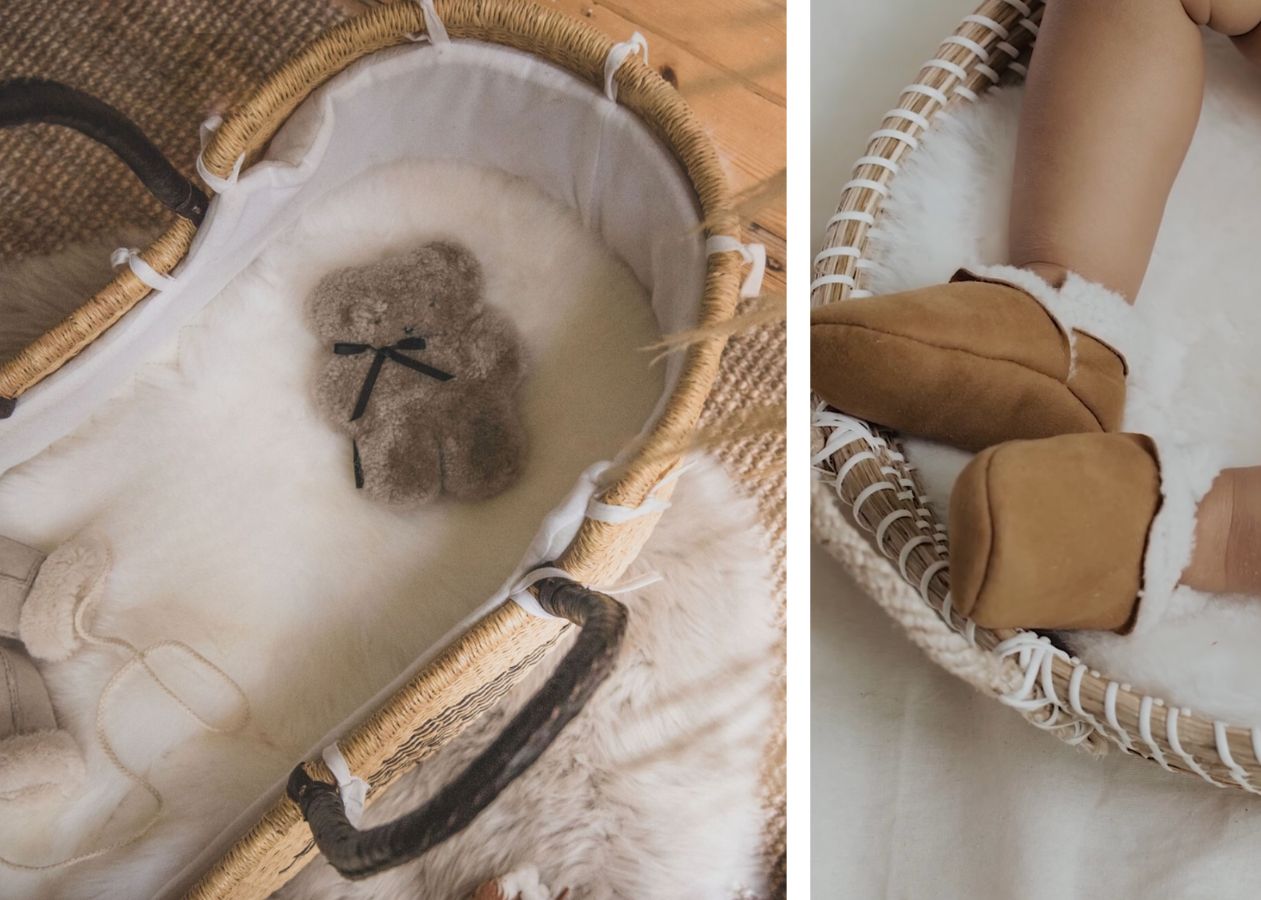 Moses Basket lined with sheepskin liner