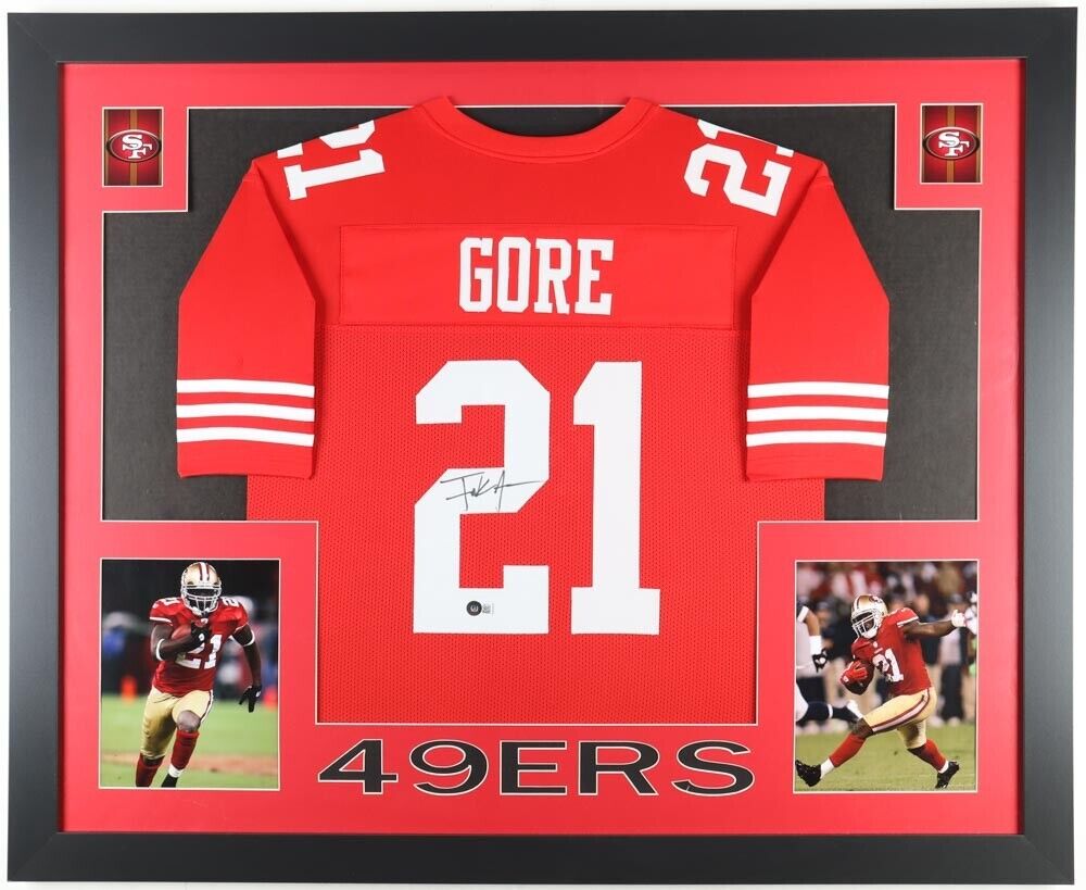 Frank Gore Signed San Francisco 49er 35x43 Framed Home Red Jersey (B –