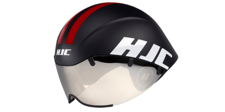 Side view studio shot of a black HJC Adwatt TT helmet with red stripes and visor down