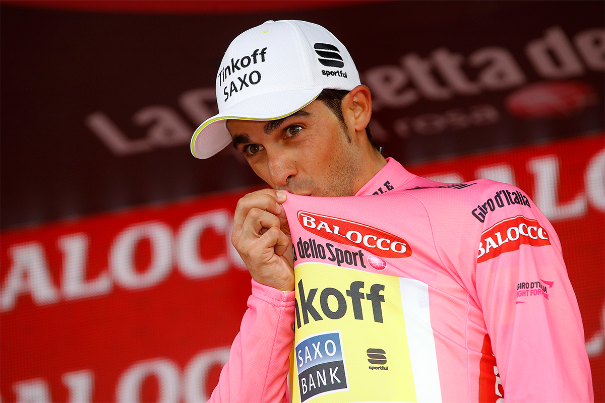 Vintage Sportful image of Alberto Contador wearing pink jersey after winning stage 5 Giro d'Italia 2015