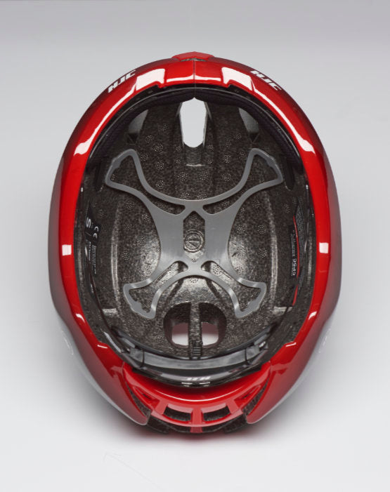 The padded inside and MIPS of a red HJC helmet