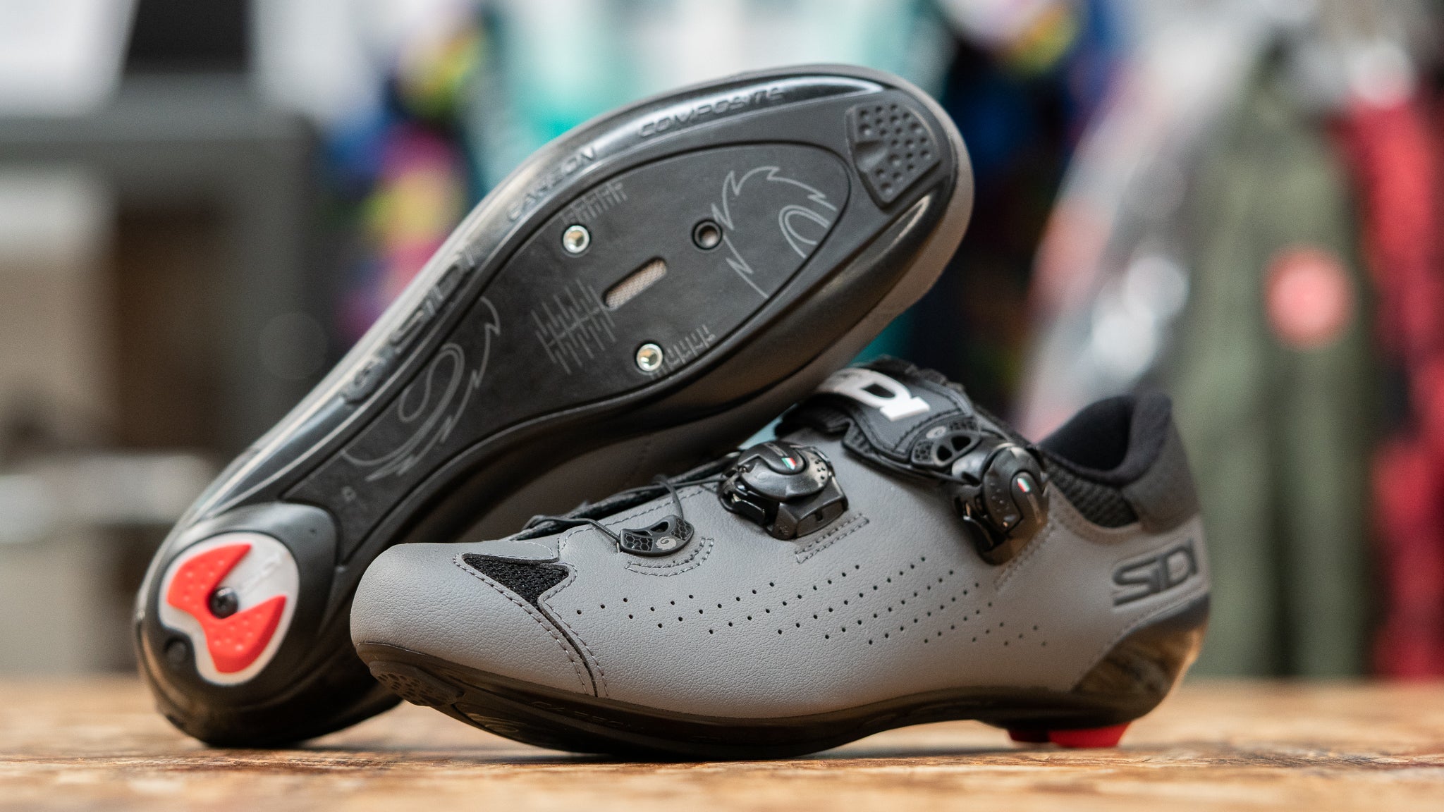 Sidi Genius 10 road cycling shoes stacked on table
