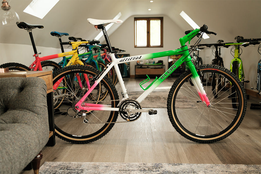 A pink, green and white 1991 Klein Attitude bike