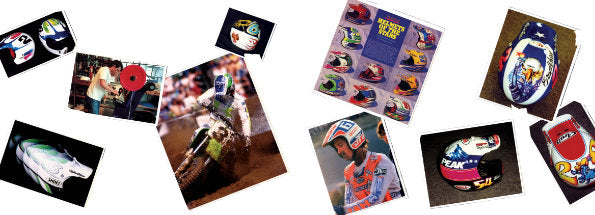 Collage of old Troy Lee designs photos of helmets, events and Troy painting