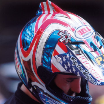 Motocross champion Jeremy McGrath wearing a helmet painted by Troy Lee