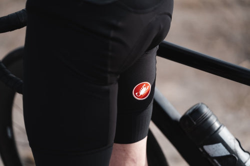 Castelli Free Protect shorts close up showing Castelli scorpion logo